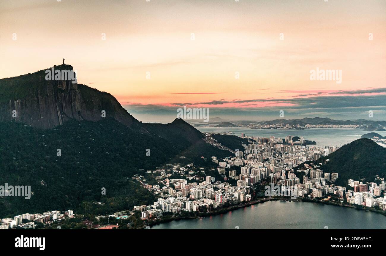 Rio de Janeiro aerial shot made from a helicopter (during sunset) Stock Photo