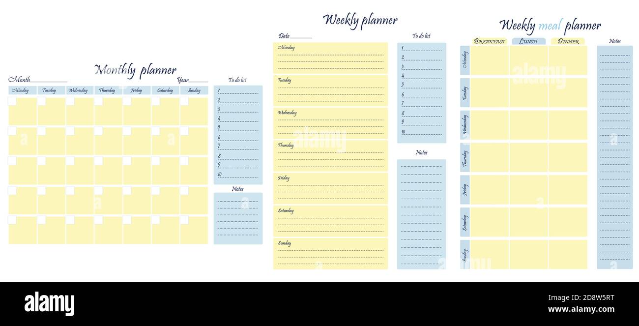 Planners package - weekly, monthly, weekly meal plan, to-do list, goals, note template. Business organizer. Stationery for planning. Vector Stock Vector