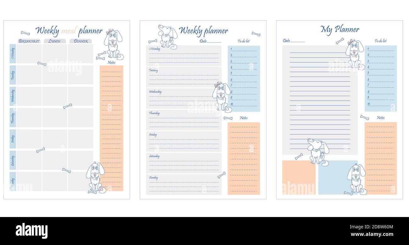 Set of planner templates - personal, weekly and food diary. A sheet of paper, a place for notes, design, dogs. Stationery. Vector  Stock Vector