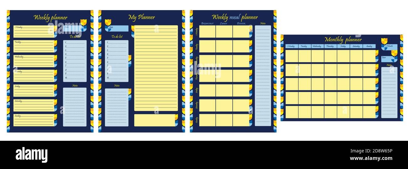 planners - daily, weekly, monthly planner, to-do list, goals, note template. Blank page with design, ornament and flowers on a blue background.Vector Stock Vector