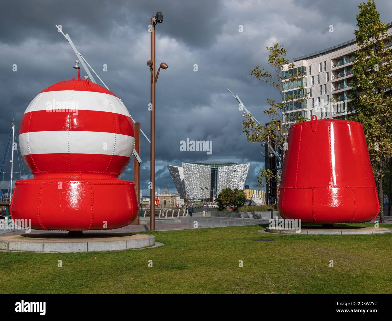 Belfast Buoys with Titanic Belfast in the distance Stock Photo