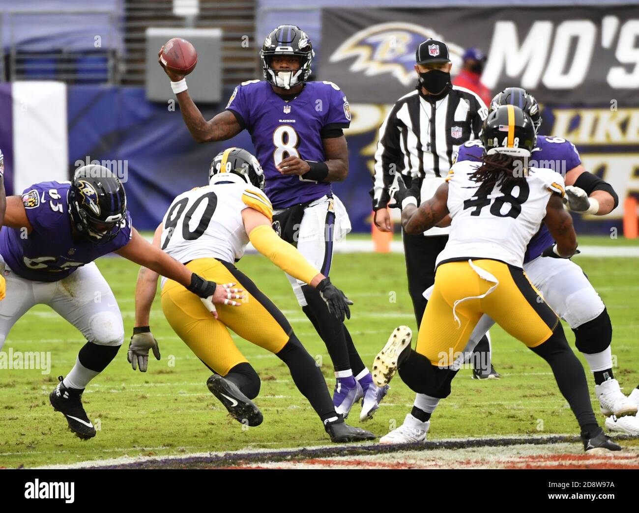 Baltimre, United States. 01st Nov, 2020. Baltimore Ravens quarterback Lamar Jackson (8) passes against the Pittsburgh Steelers in the first half at M&T Banks Stadium in Baltimore, Maryland on Sunday, November 1, 2020. Photo by Kevin Dietsch/UPI Credit: UPI/Alamy Live News Stock Photo