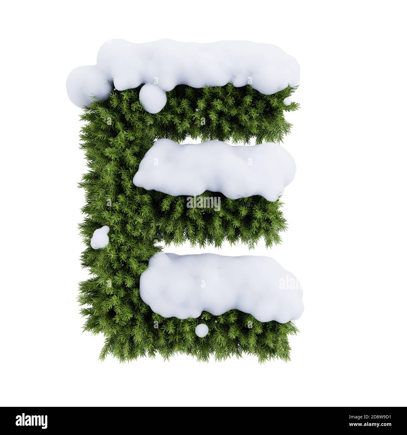 Christmas alphabet ABC character letter E font with snow. Christmas tree branches capital letters decoration type. Highly realistic 3d rendering illus Stock Photo