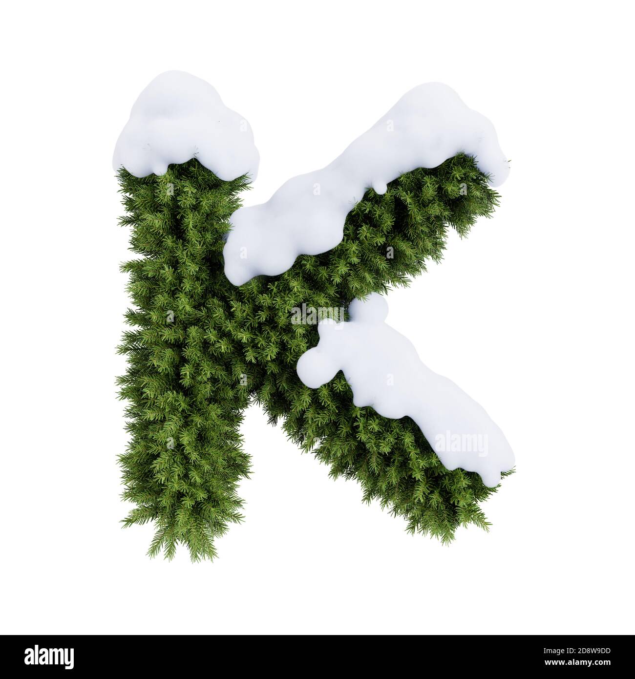Christmas alphabet ABC character letter K font with snow. Christmas tree branches capital letters decoration type. Highly realistic 3d rendering illus Stock Photo