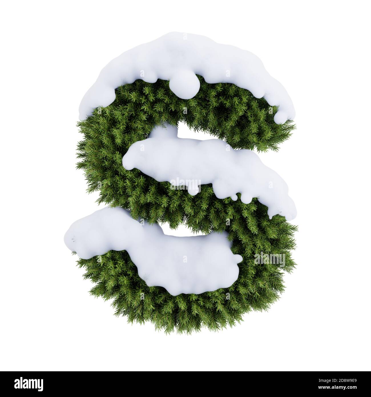 Christmas alphabet ABC character letter S font with snow. Christmas tree branches capital letters decoration type. Highly realistic 3d rendering illus Stock Photo
