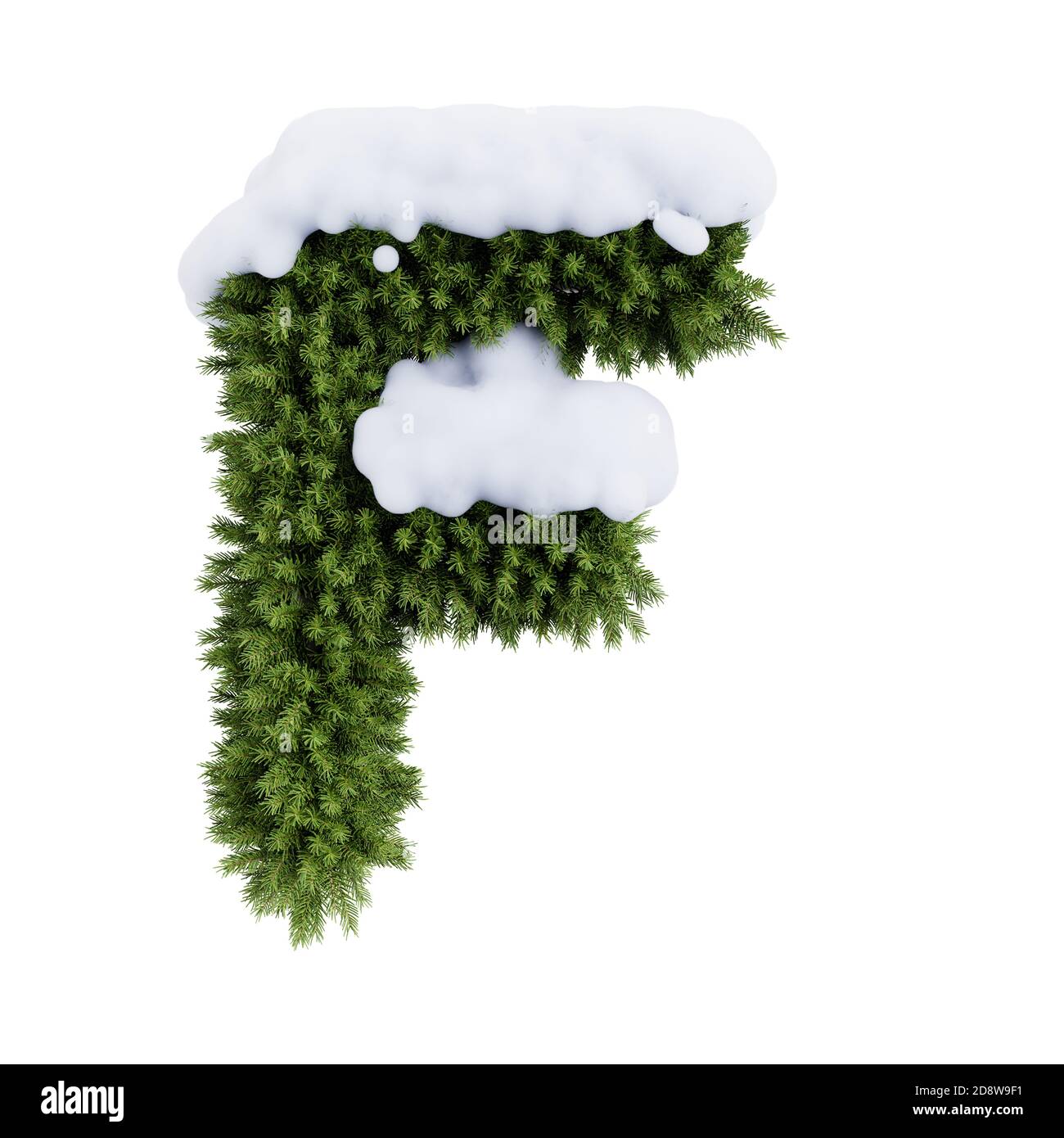 Christmas alphabet ABC character letter F font with snow. Christmas tree branches capital letters decoration type. Highly realistic 3d rendering illus Stock Photo