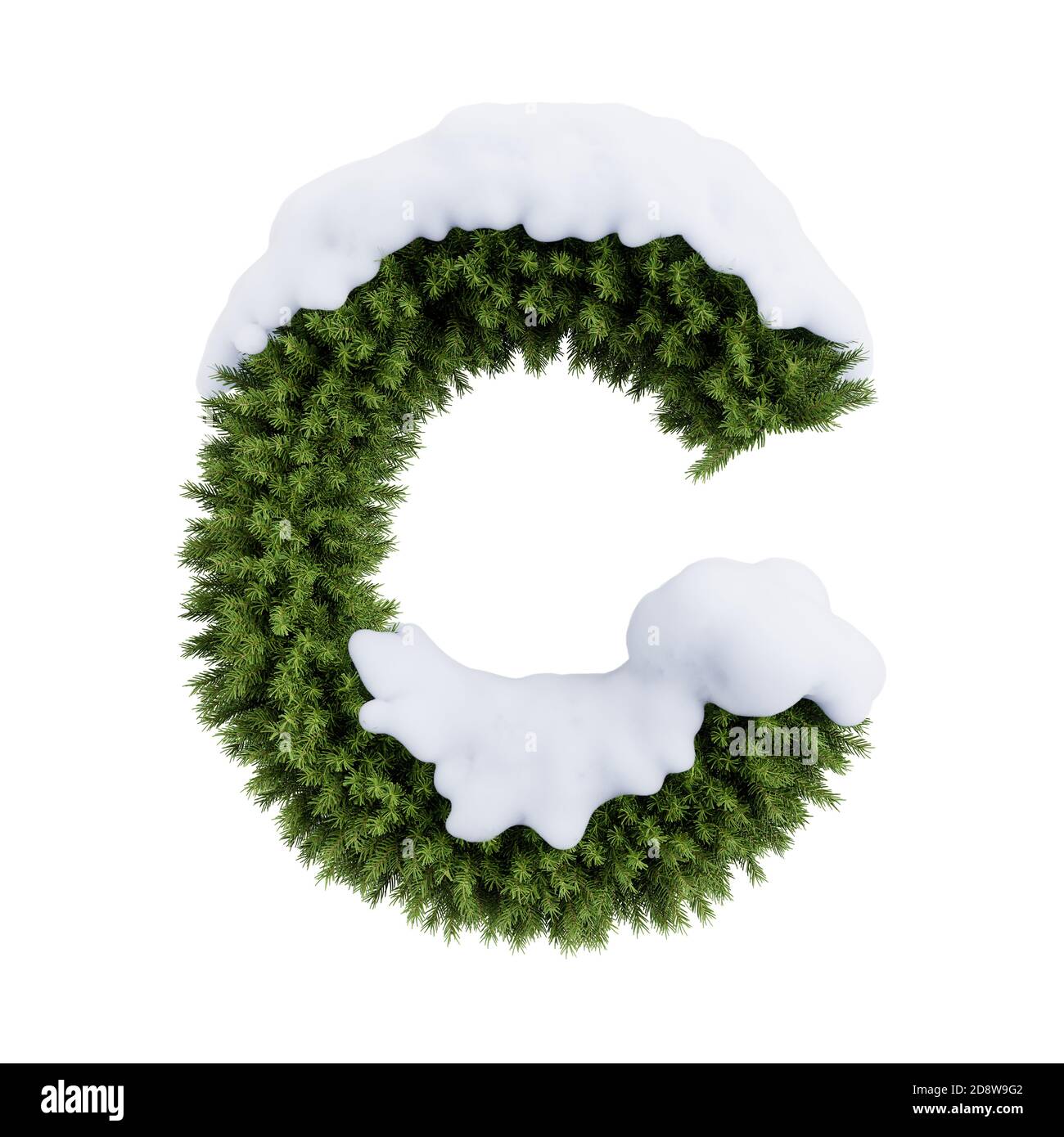 Christmas alphabet ABC character letter C font with snow. Christmas tree branches capital letters decoration type. Highly realistic 3d rendering illus Stock Photo