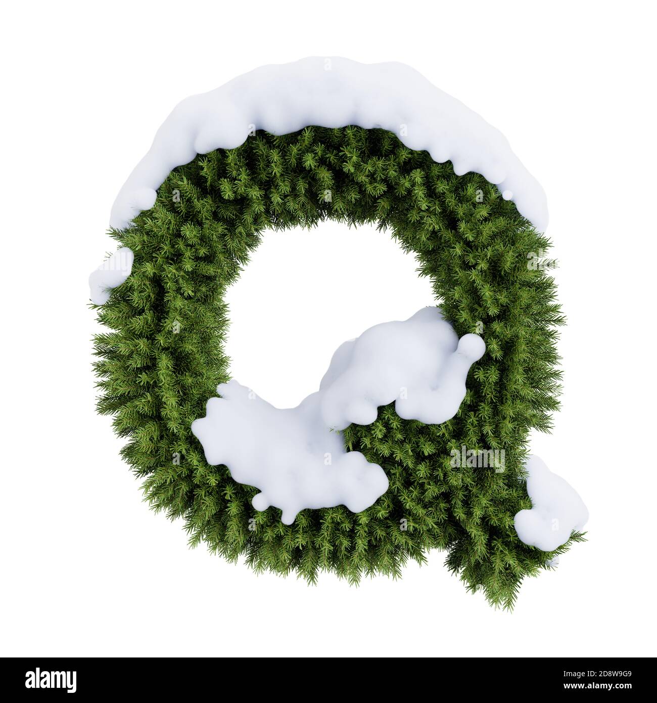Christmas alphabet ABC character letter Q font with snow. Christmas tree branches capital letters decoration type. Highly realistic 3d rendering illus Stock Photo