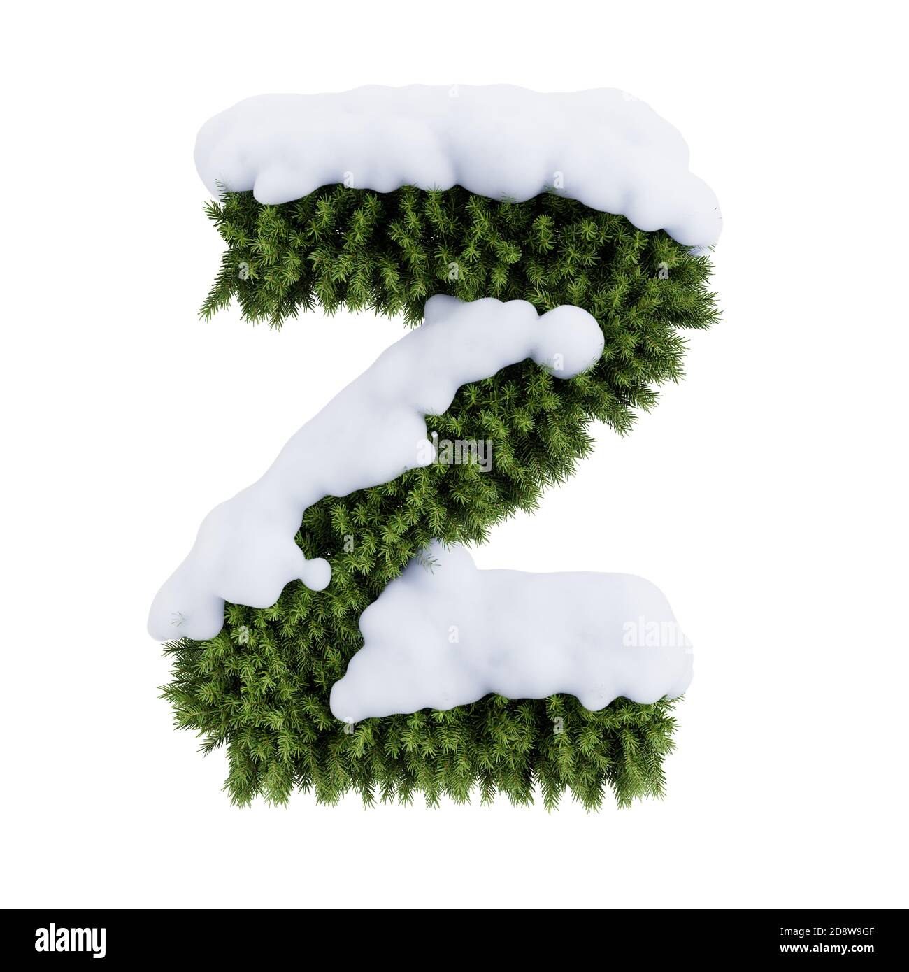 Christmas alphabet ABC character letter Z font wth snow. Christmas tree branches capital letters decoration type. Highly realistic 3d rendering illust Stock Photo