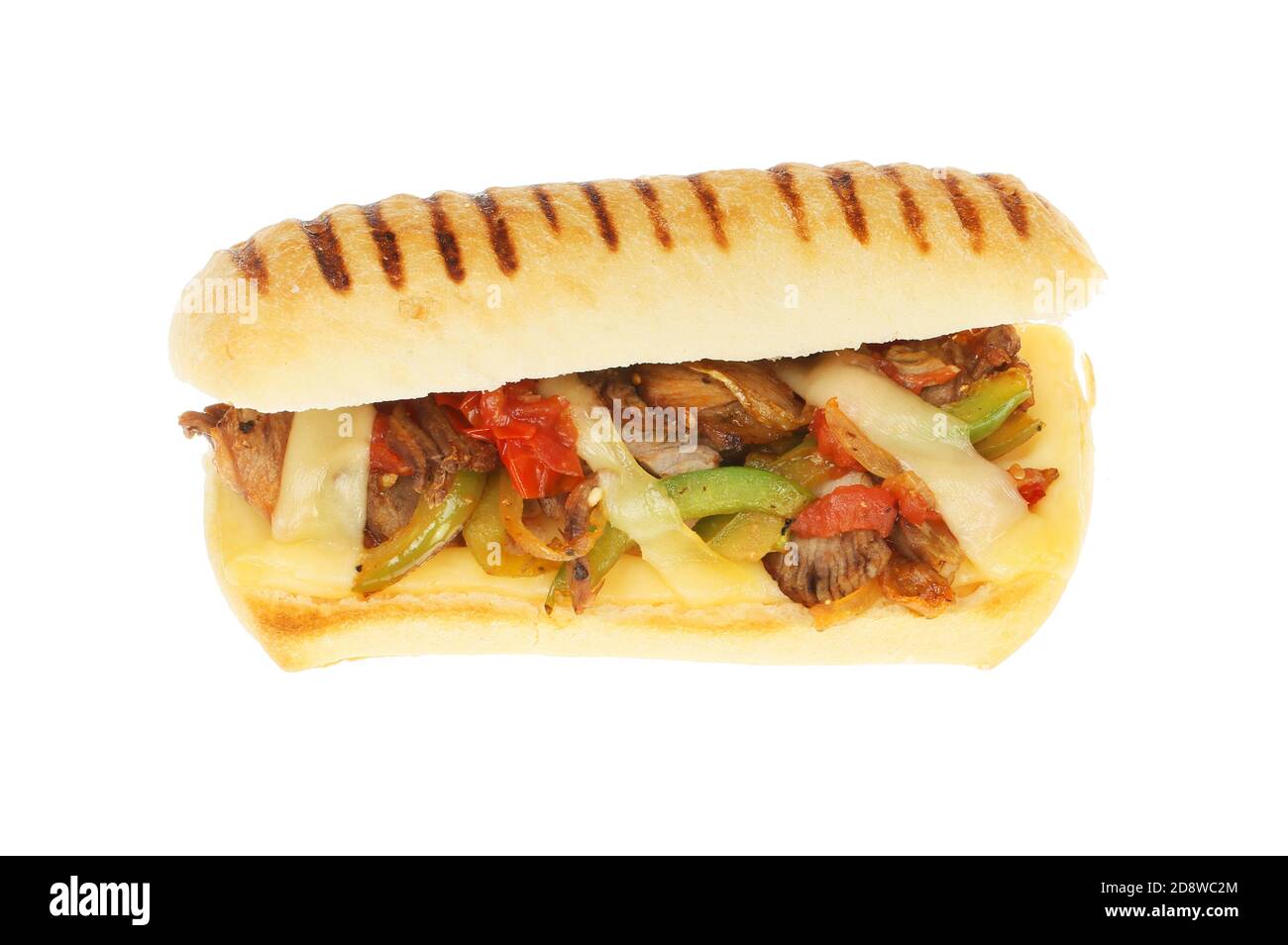 Beef, onion, pepper, tomato and emmental cheese in a panini  isolated against white Stock Photo