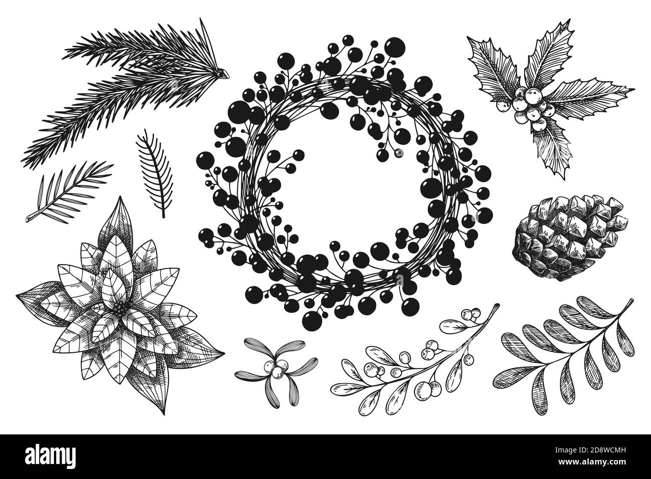 Christmas wreath and branches of different plants isolated on white background. Sketch, illustration by hand drawn Stock Vector