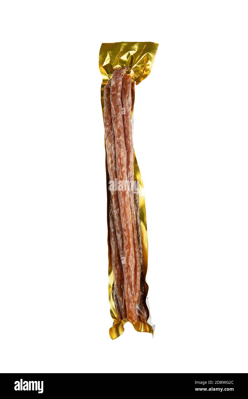 Vacuum packed dried sausage. Readytoeat meat product. Packaged