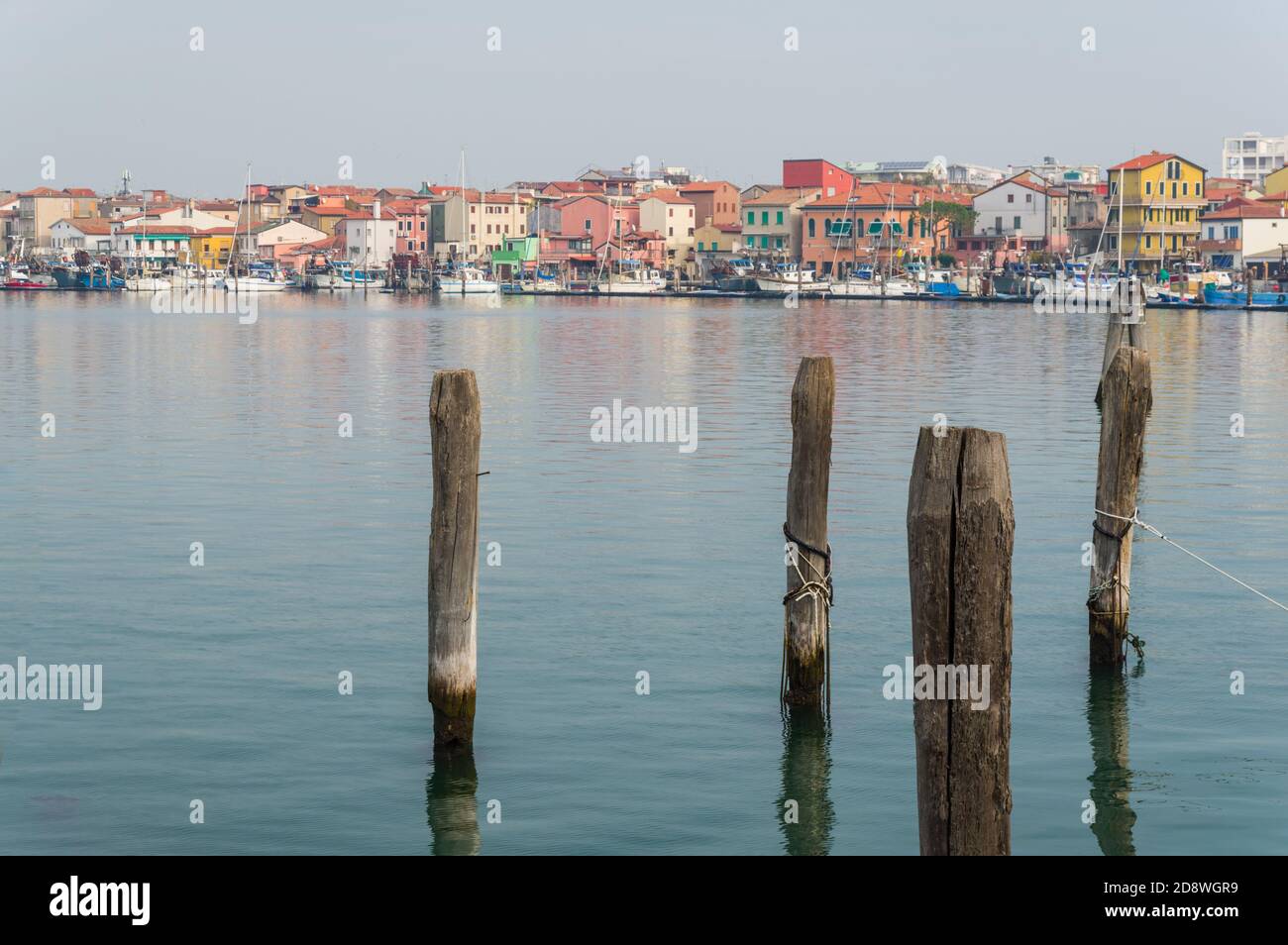 Sottomarina di Chioggia, Italy (30th October 2020) - View of the coastline with boats and typical houses from the Isola dell'Unione Stock Photo