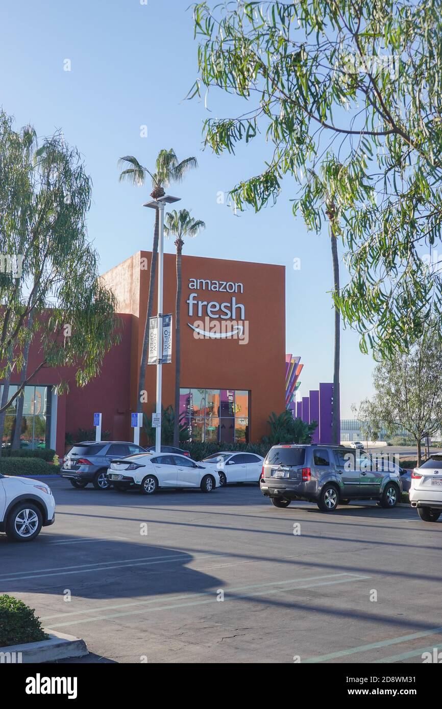 Amazon fresh storefront and sign at their new tech smart grocery store in Irvine California