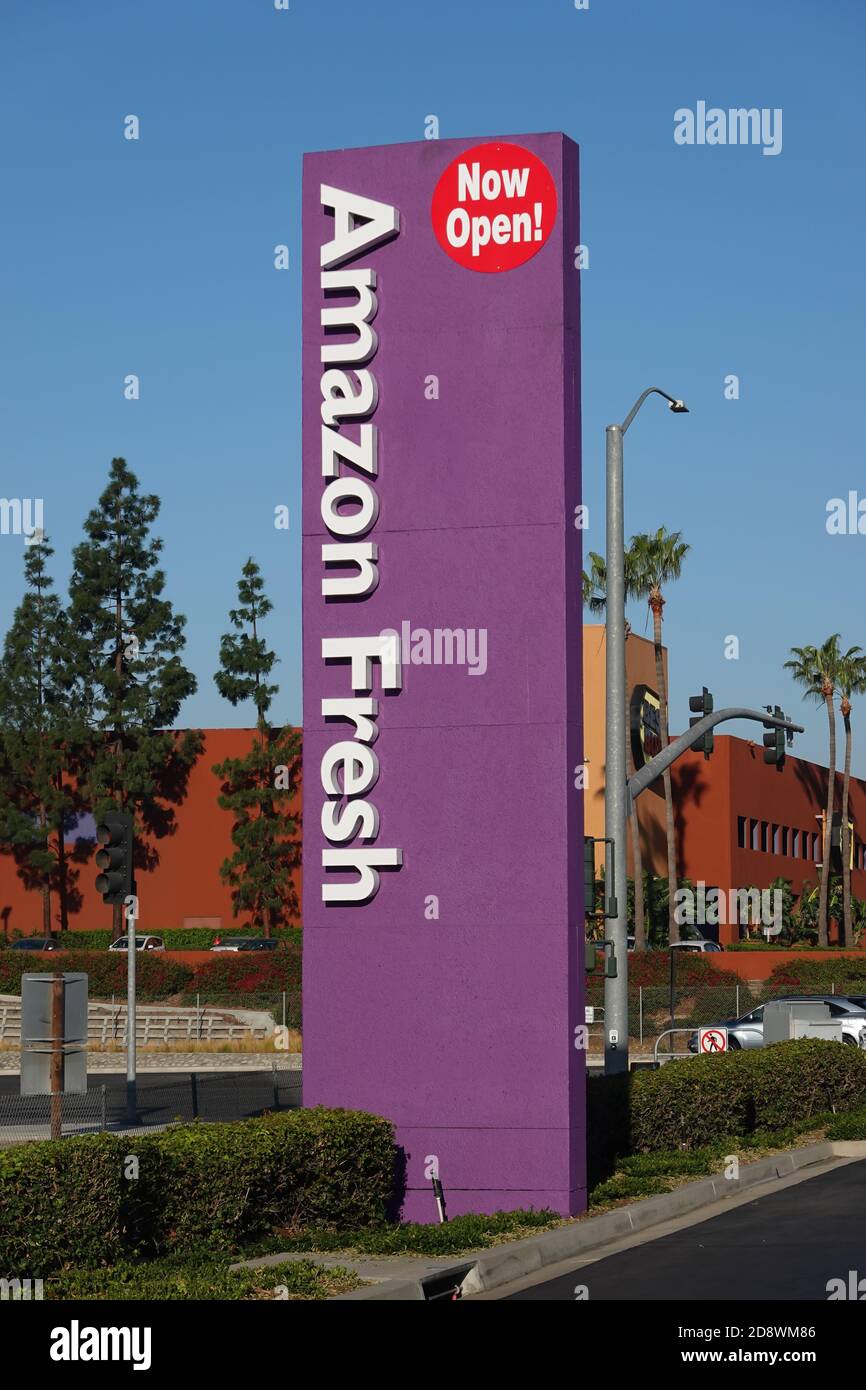 Amazon fresh sign at their new tech smart grocery store in Irvine