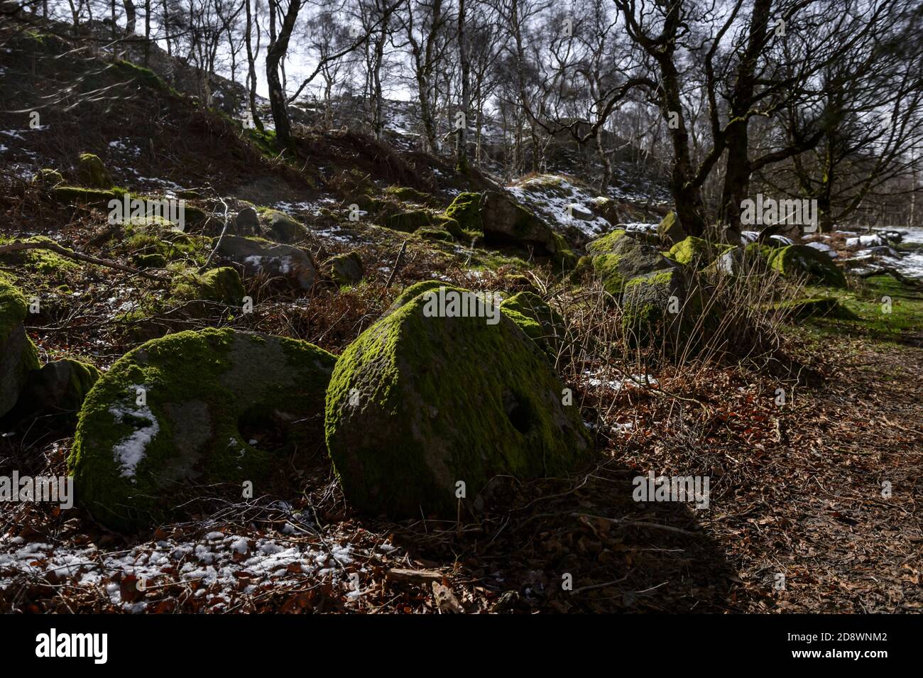 Abandoned carved and chiselled, round mill stones lit by moonlight, Lawrencefield quarry (near Hathersage), Peak District National Park, Derbyshire, UK Stock Photo