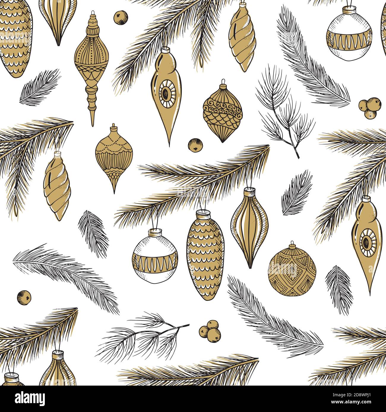 Xmas Seamless pattern with Christmas Tree Decorations, Pine Branches ...