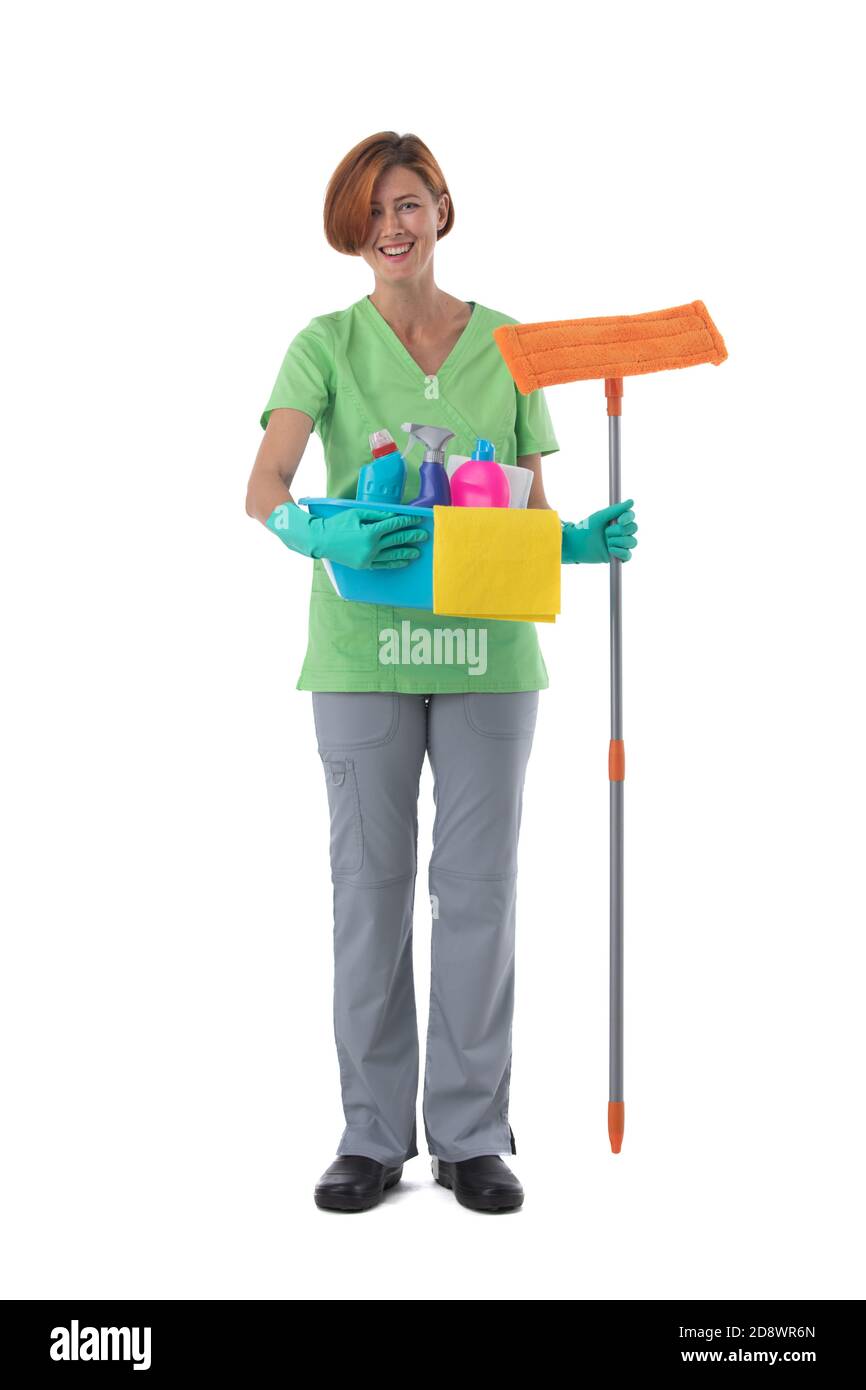 Cleaner woman with mop and detergent spray container isolated on white background, full length portrait Stock Photo