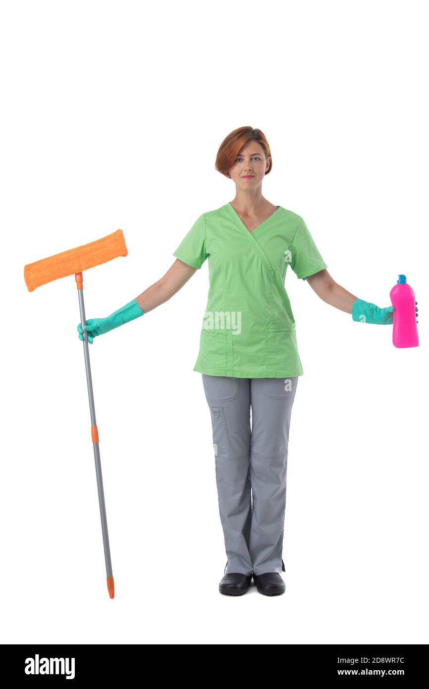 Cleaner woman with mop and detergent cleaning supplies isolated on white background, full length portrait Stock Photo