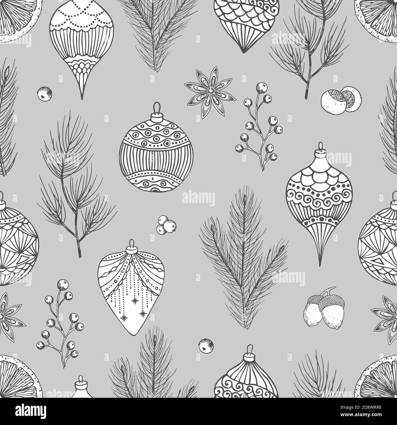 Xmas Seamless pattern with Christmas Tree Decorations, Pine Branches ...