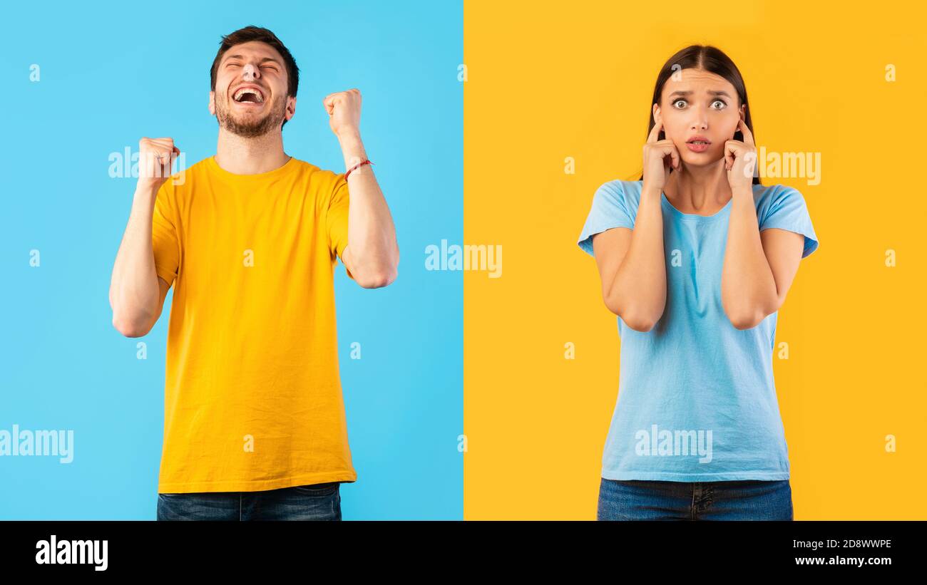 Man screaming with raised fists, scared woman covering ears Stock Photo