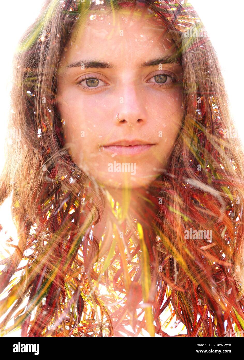 Young woman double exposure portrait with leaves Stock Photo - Alamy