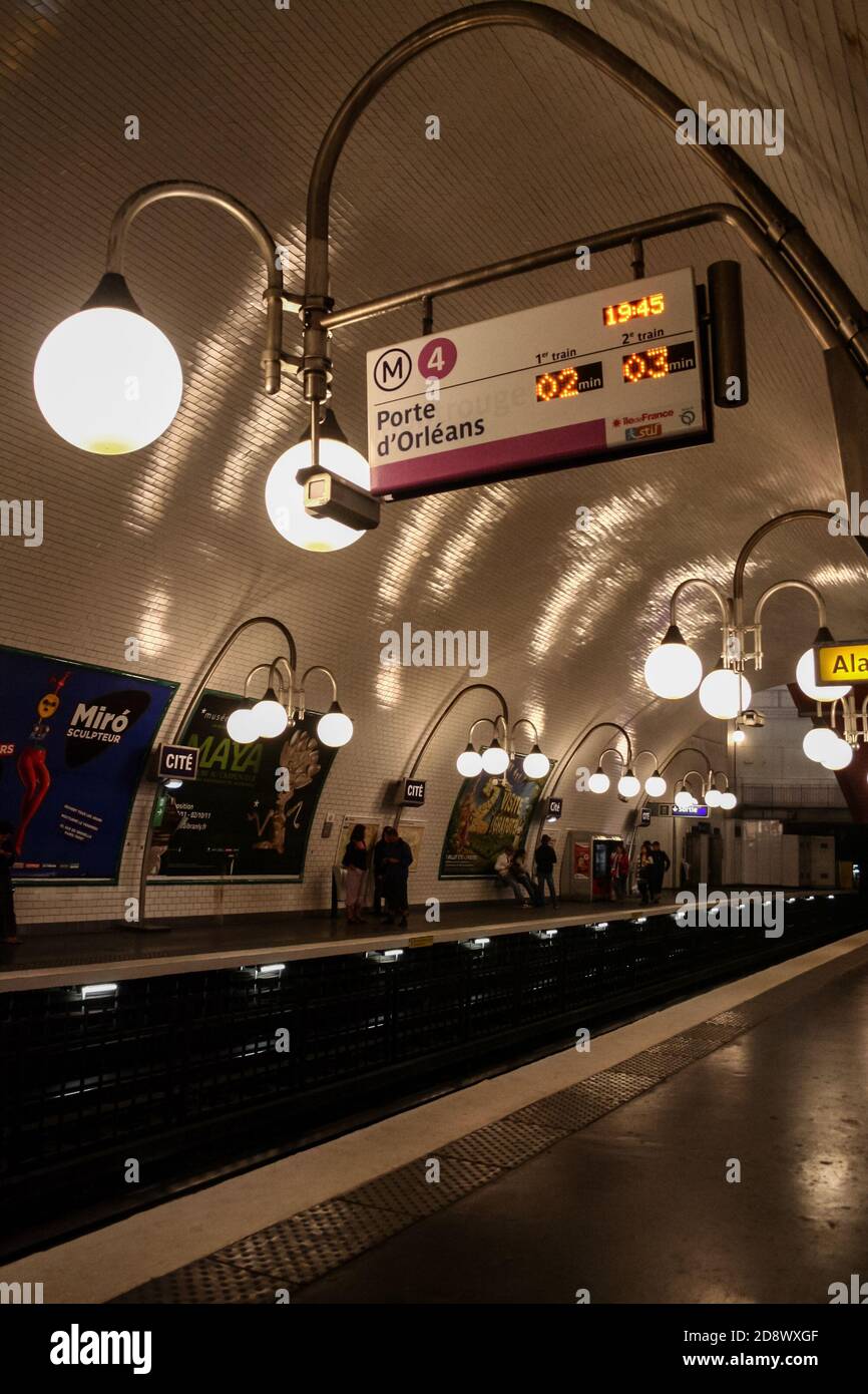 PARIS, FRANCE - JULY 23, 2011: Platform of the Line four (line 4) of the paris metro, on Cite station stop, in the center of Paris. Operated by RATP, Stock Photo