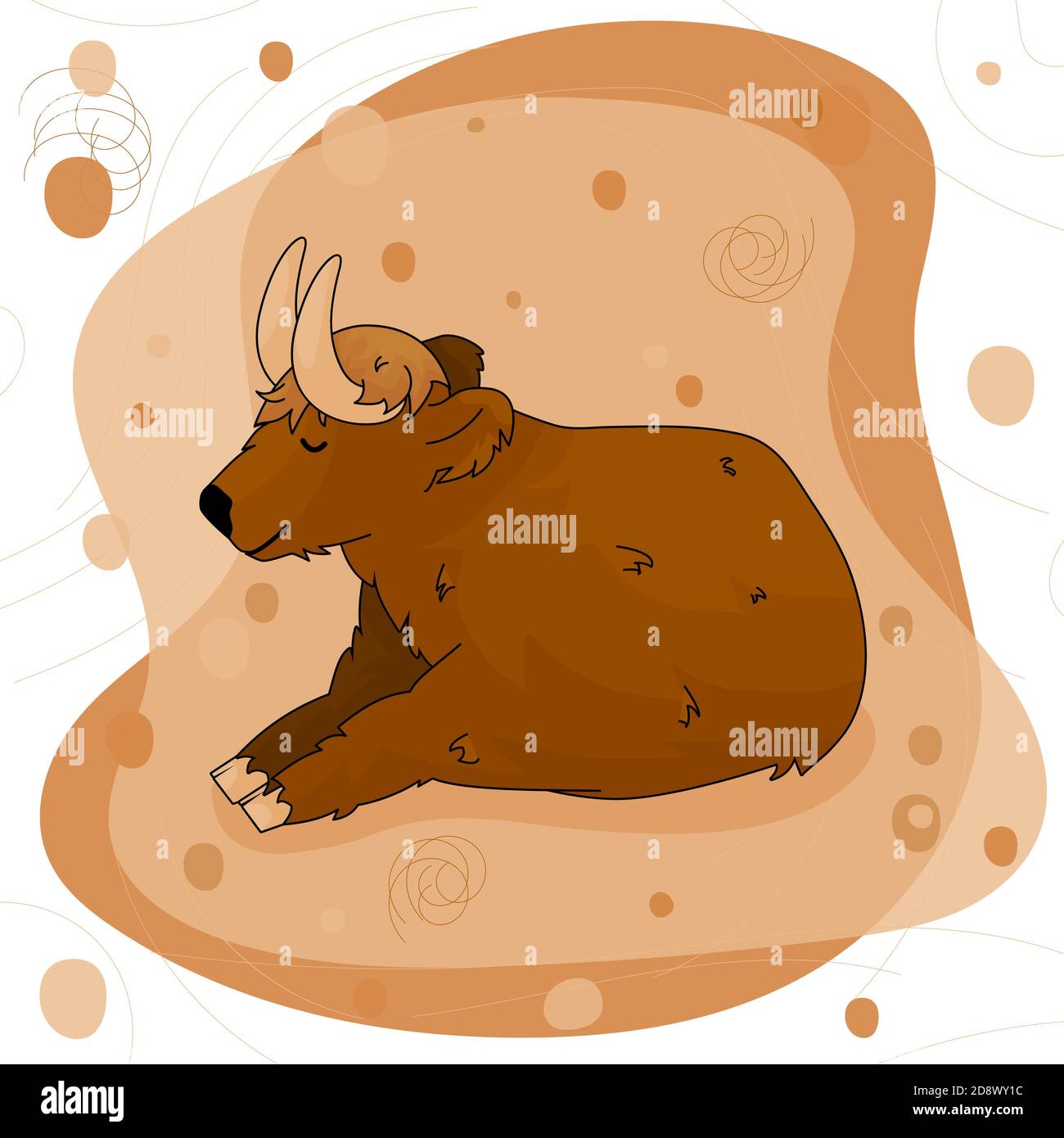 Cute Cartoon Bull high land cow is lying on the ground on pink and brown background. Isolated character Stock Vector