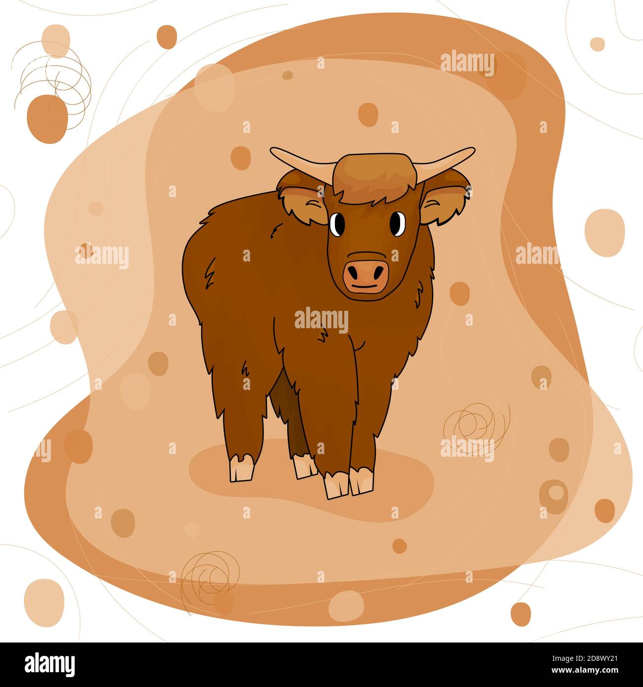 Cute Cartoon Bull high land cow is standing on the ground on pink and brown background. Isolated character with bangs Stock Vector