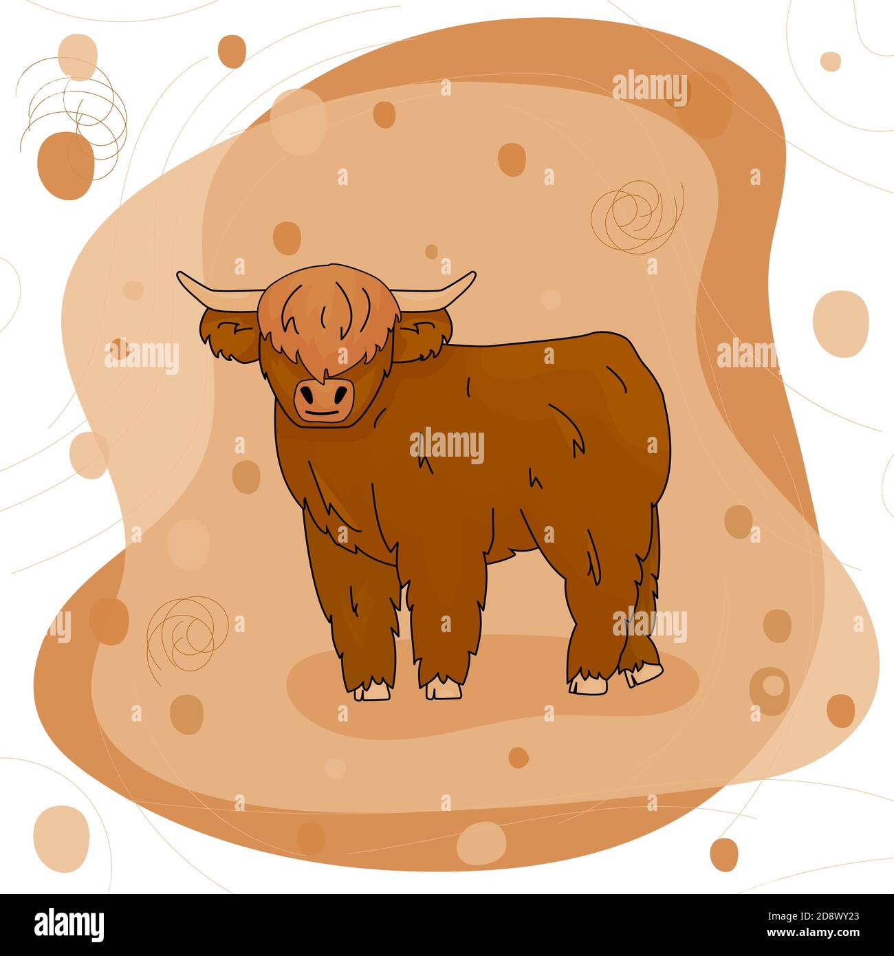 Cute Cartoon Bull high land cow is standing on the ground on pink and brown background. Isolated character Stock Vector