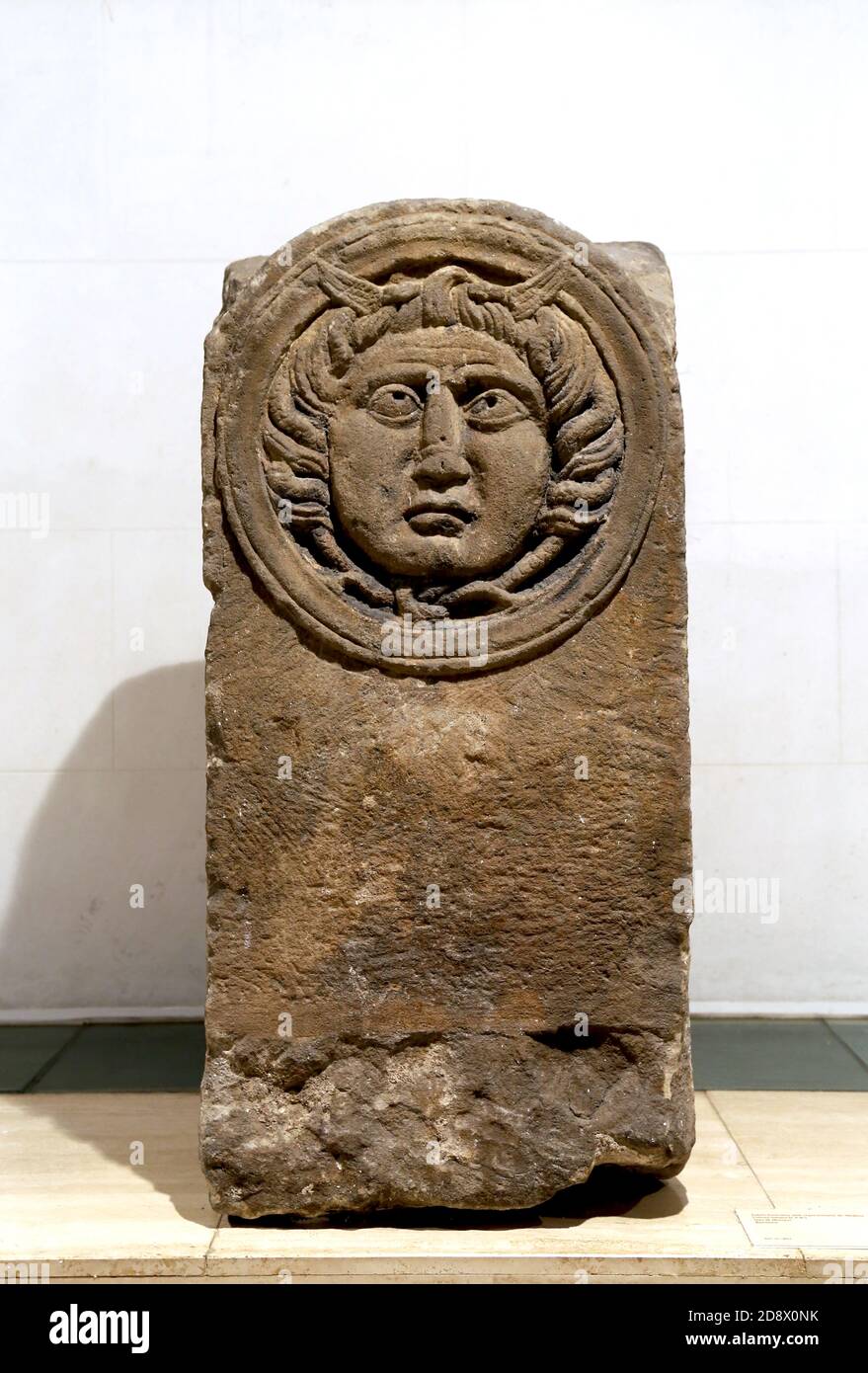 Funerary stele with medusa head. Montjuich sandstone. 2nd century AD. Roman Culture. Barcelona. Archaeology Museum Catalonia. Stock Photo