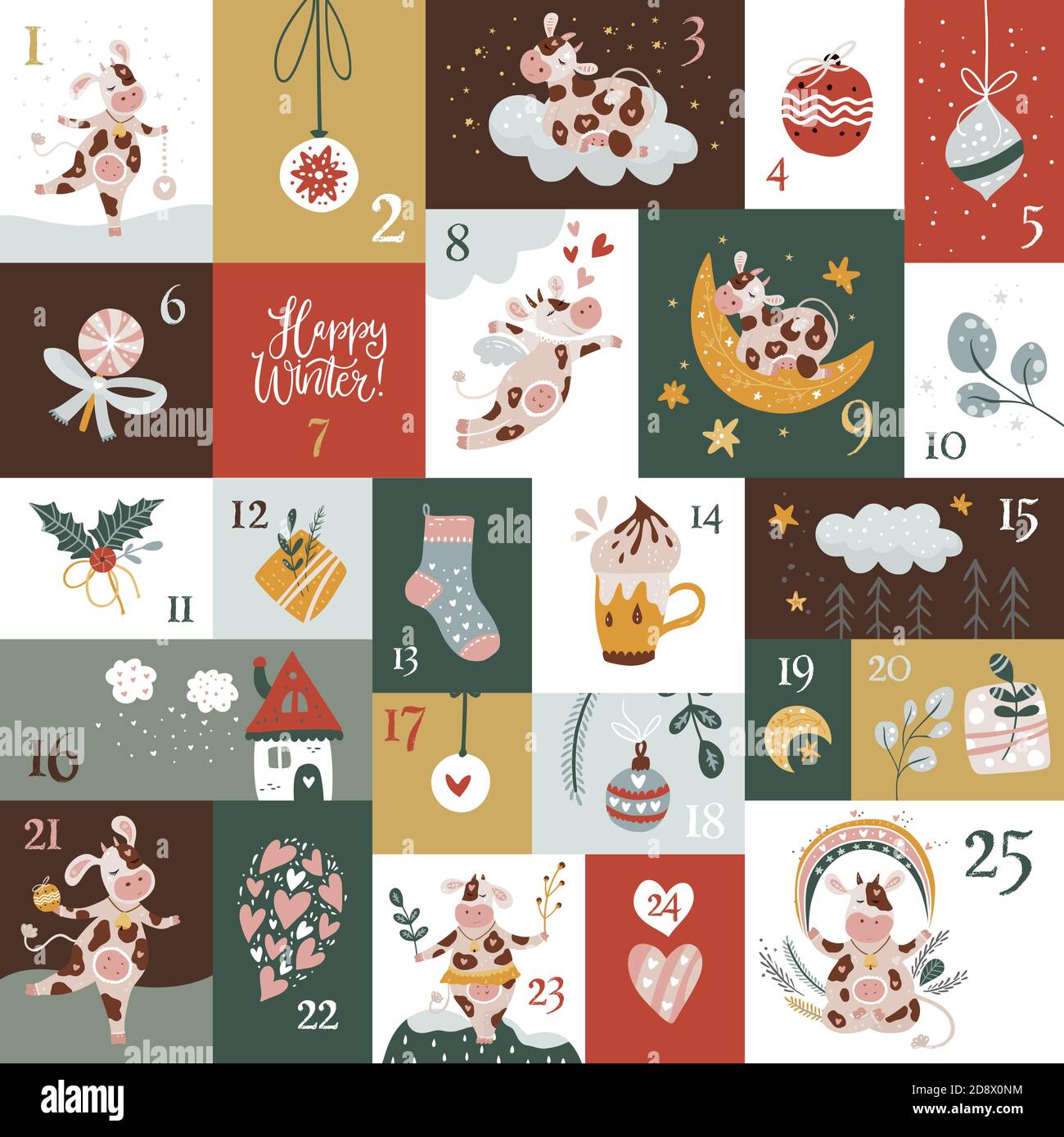 Cute cartoon advent calendar with funny cow animals, and signs for 25