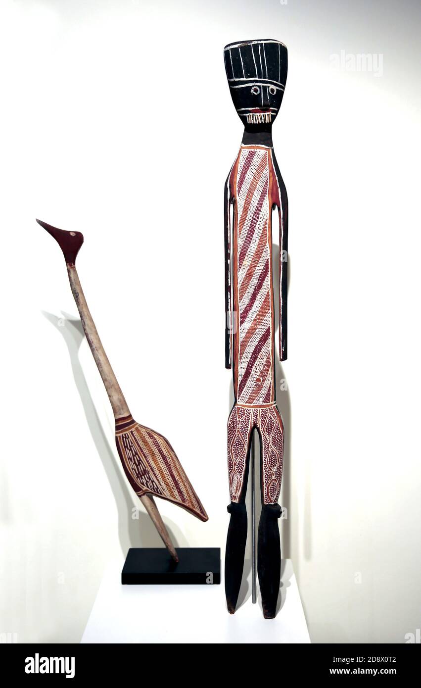 Jabiru and Mokuy figures. Bark art. 20 th century. Northen Australia. Carved and painted wood. Museum of World Cultures, Barcelona. Spain. Stock Photo