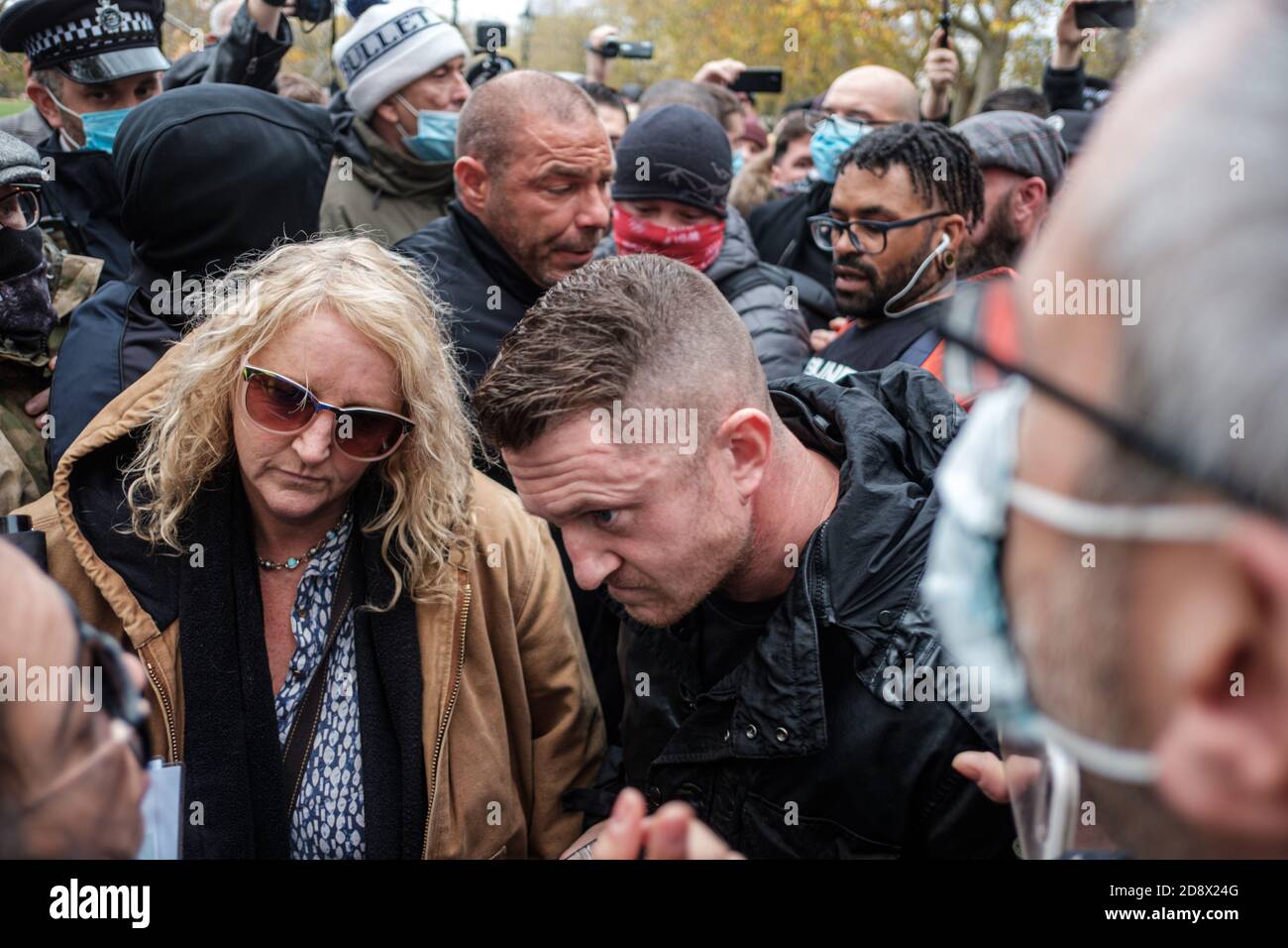 Tommy Robinson Appears at the weekly Speakers Corner in Hyde Park to speak  with Hatun Tash after she was attacked last month by an unknown bystander  Stock Photo - Alamy