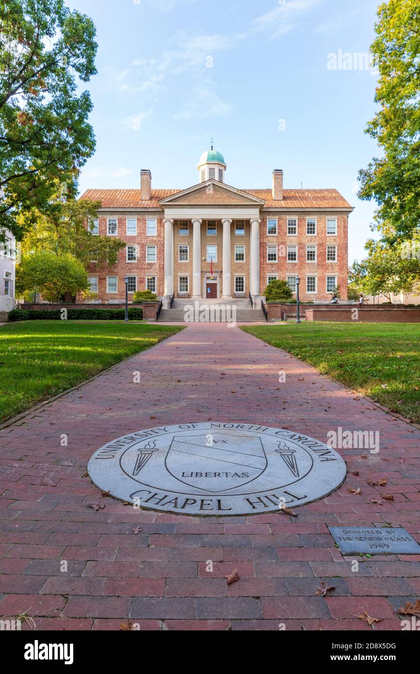 Chapel Hill, NC / USA - October 21, 2020: The University of North Carolina Chapel Hill Seal in brick walk way leading to The South Building Stock Photo