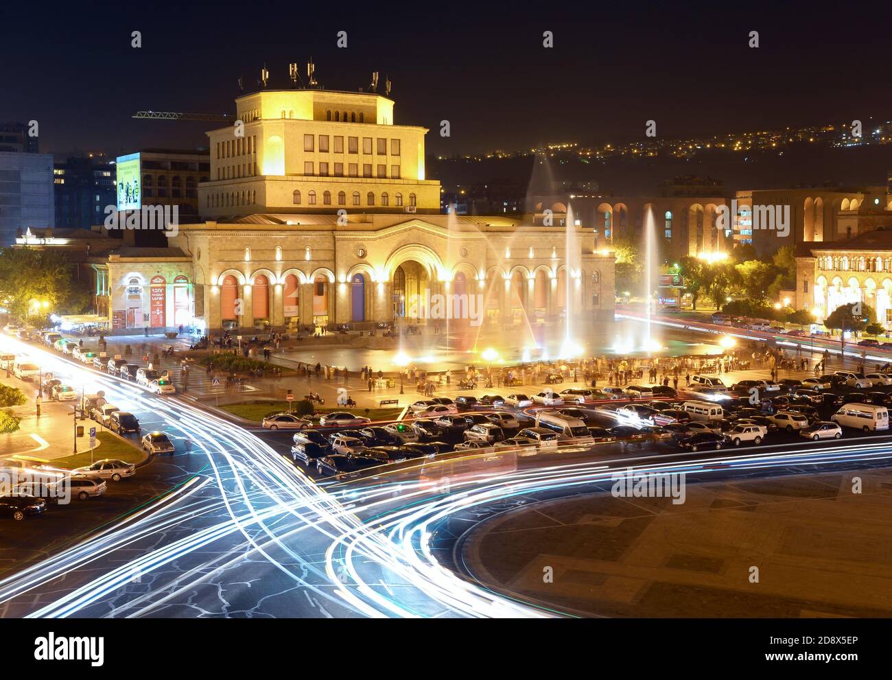 Yerevan, Armenia at night showing Republic Square, Yerevan dacing fountains, Armenian National Museum and National Gallery of Armenia. Stock Photo