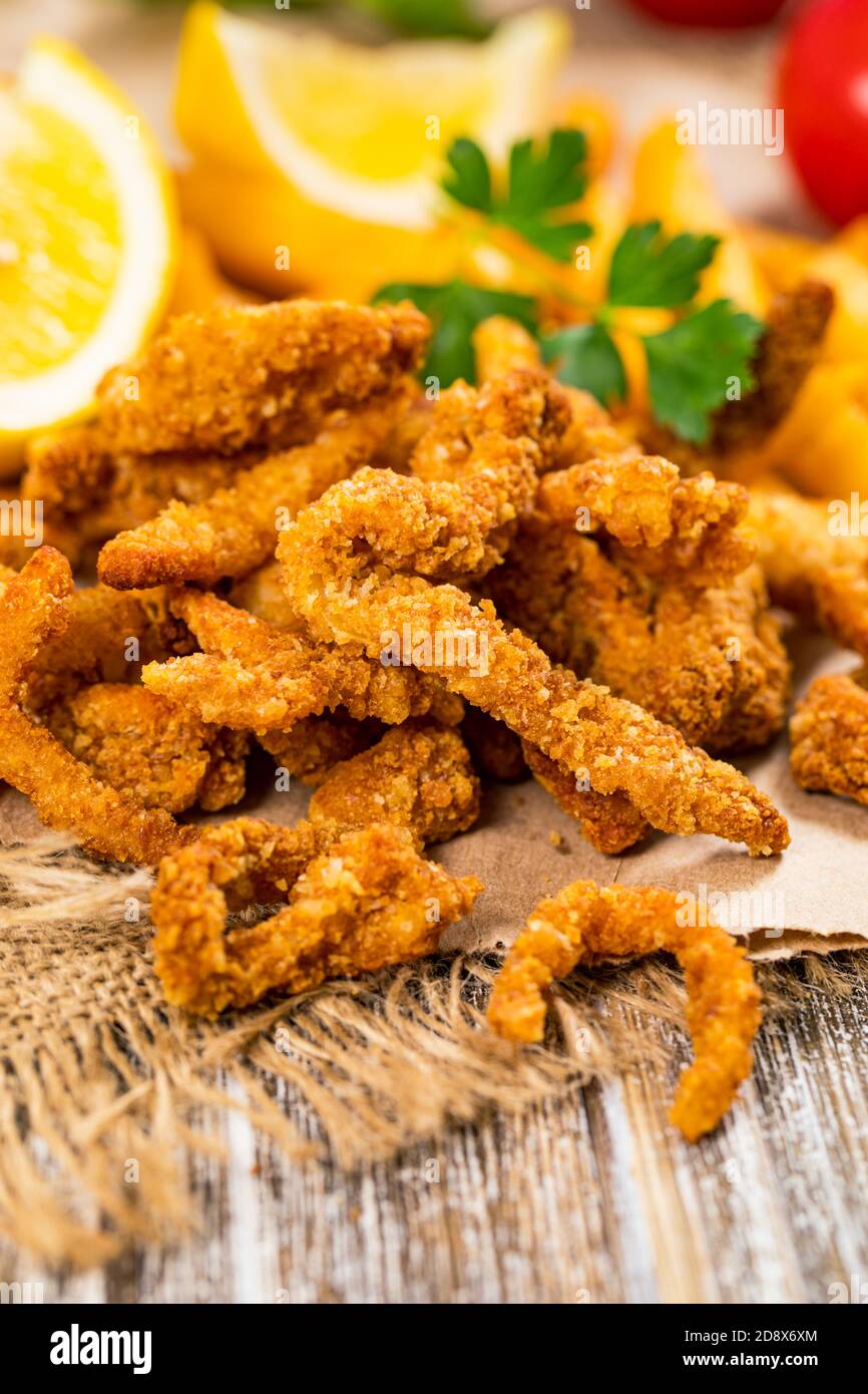 Crispy Breaded Clam Strips Snack Size. Deep Fried Breaded Clams Fingers