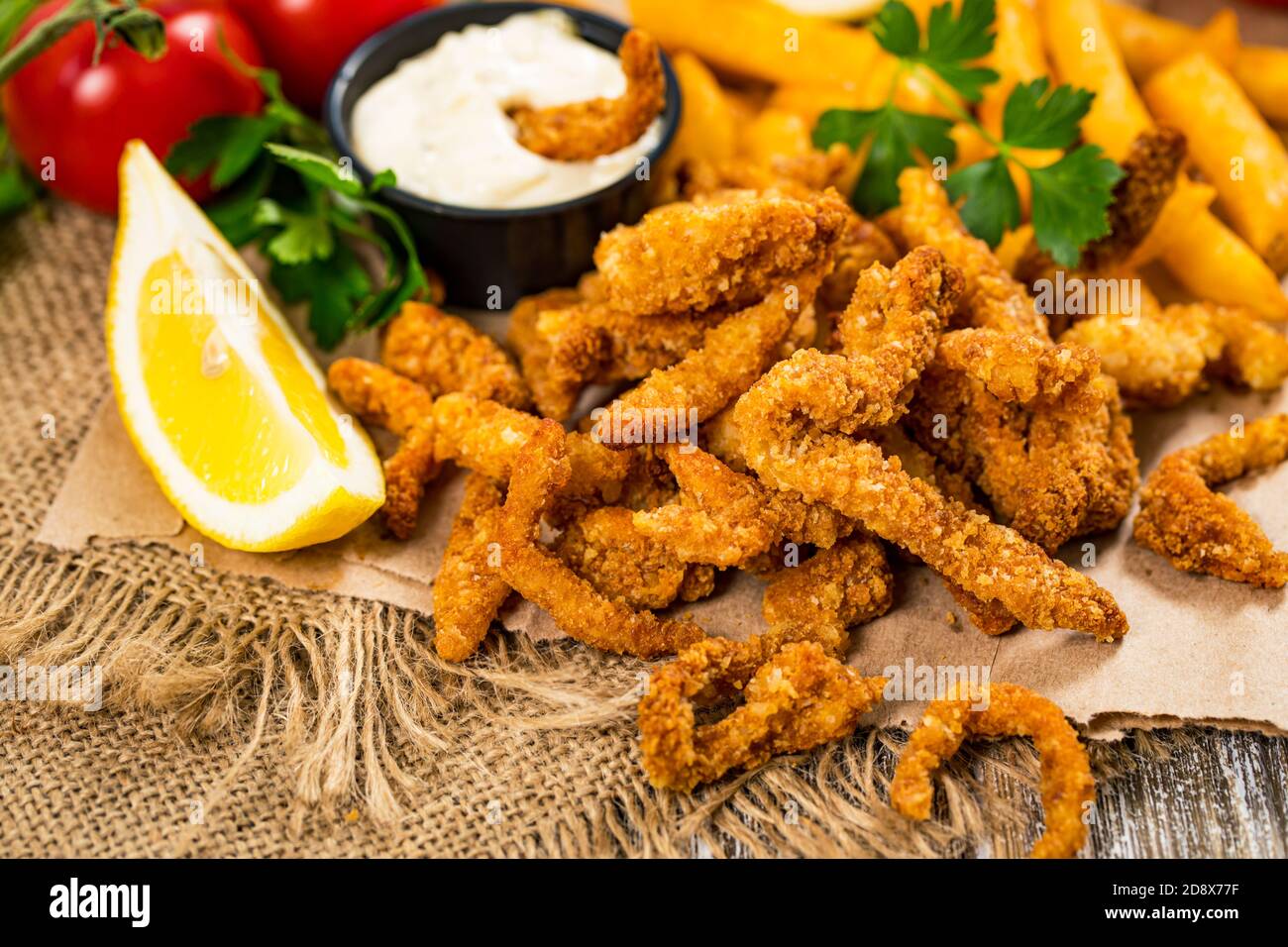 Crispy Breaded Clam Strips Snack Size. Deep Fried Breaded Clams Fingers