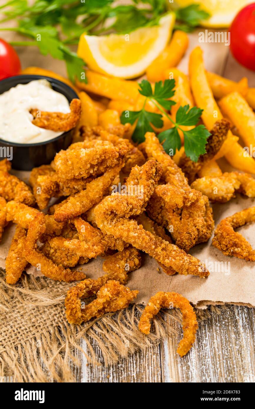 Crispy Breaded Clam Strips Snack Size. Deep Fried Breaded Clams Fingers