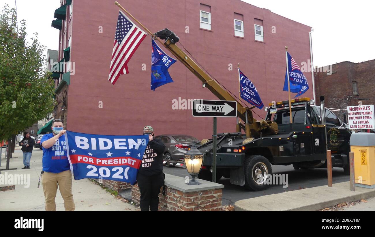 Pennsylvania, USA. 1st Nov, 2020. (NEW) Biden Supporters in Northeast Pennsylvania Give It Their Best Shot. Nov 1, 2020, Carbondale, PA, USA: An anemic, almost embarrassing showing by Biden Supporters in Carbondale, PA today, pitted against thousands of Trump supporters on the small streets of Pennsylvania towns. Credit: Julia Mineeva/Thenews2. Credit: Julia Mineeva/TheNEWS2/ZUMA Wire/Alamy Live News Stock Photo
