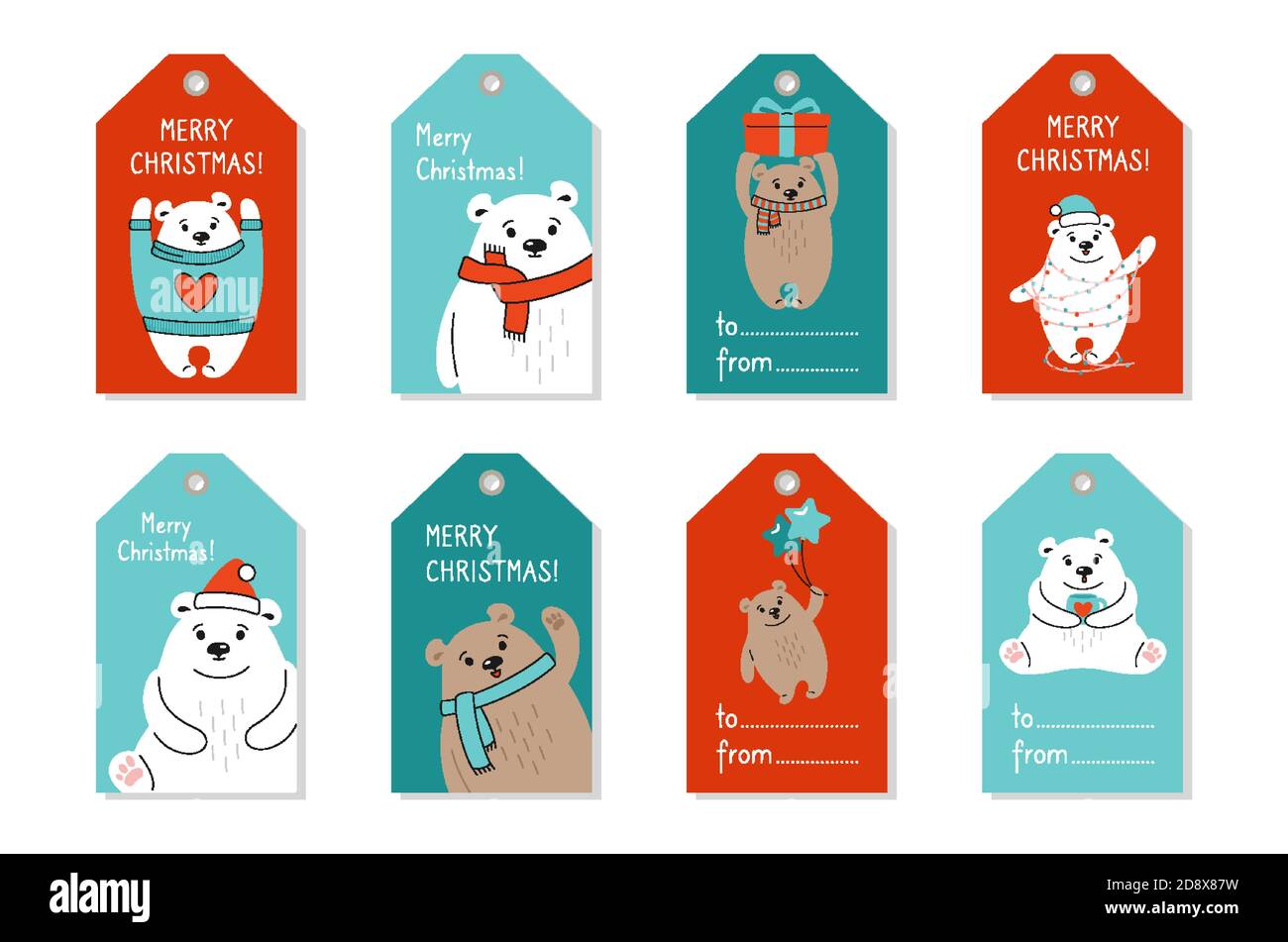 Christmas tag set, cartoon polar and brown bear. Hand drawn paper label, cute vector bears with red hat, gift. New Year animal mammals. Cards xmas, funny animals winter celebrate Stock Vector