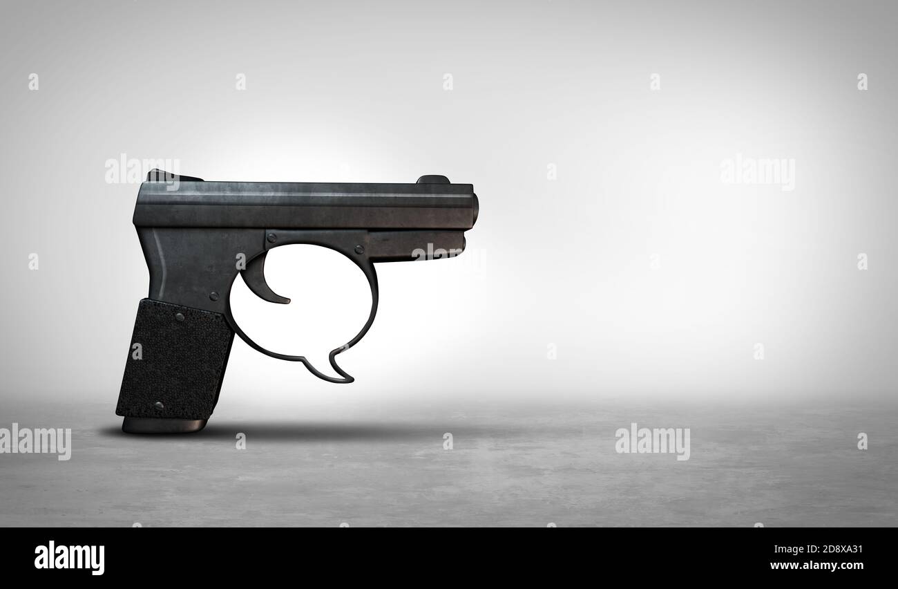 Gun communication and firearms social issues or guns safety learning and shooting concept as a handgun pistol shaped as a word bubble as a 3D render. Stock Photo
