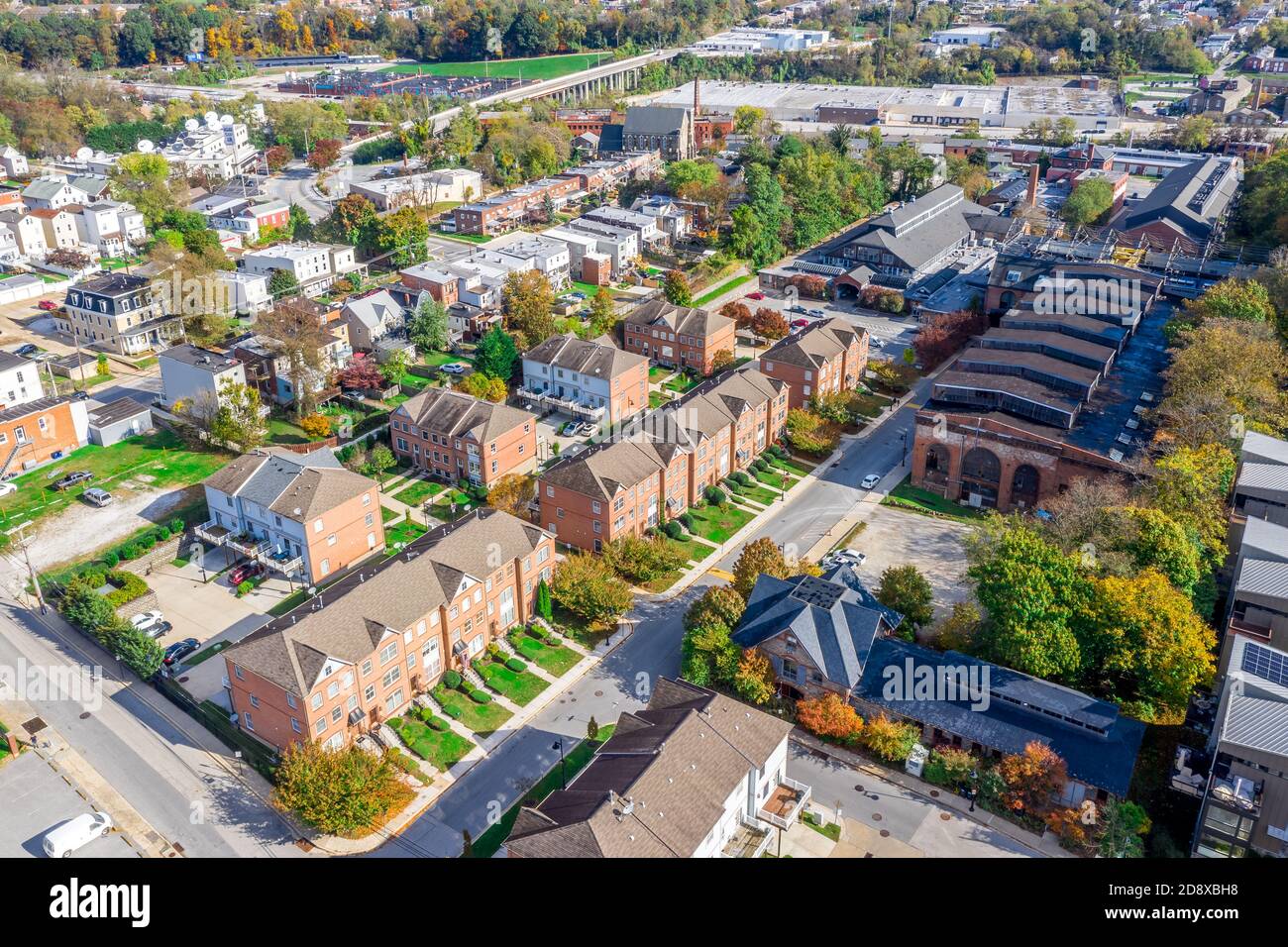 Aerial view of regentrified Woodberry neighborhood street in Baltimore