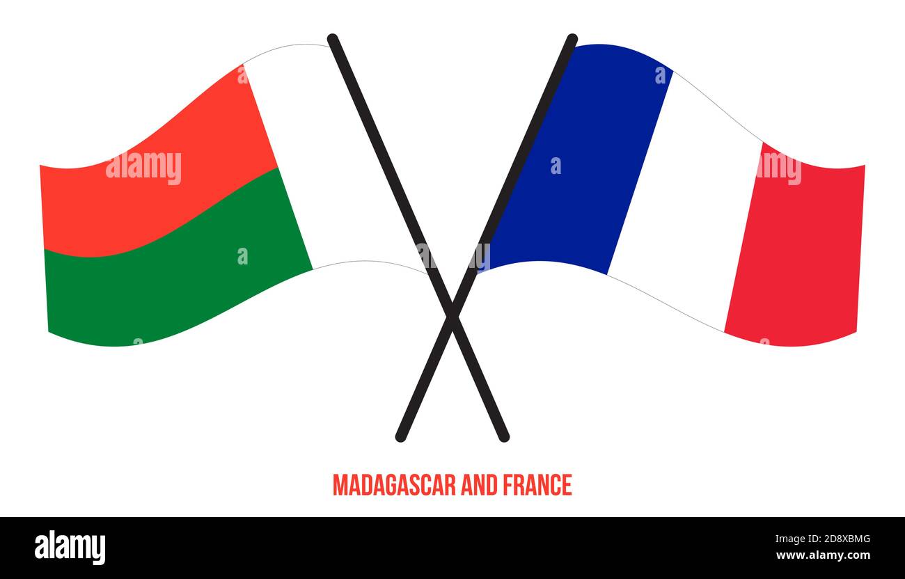 Madagascar and France Flags Crossed And Waving Flat Style. Official