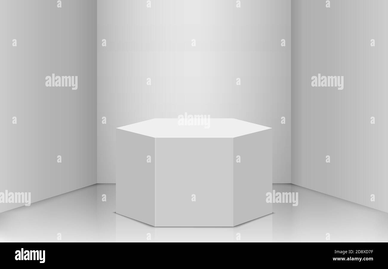 white hexagon podium in the white studio room Stock Vector