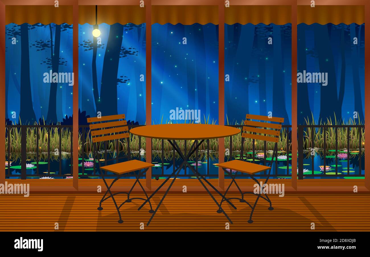 wood table and chair in resort on the swamp in forest in the night Stock Vector