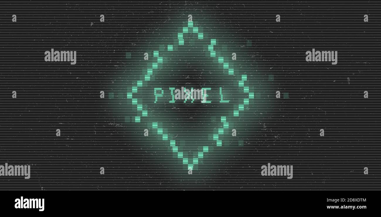 Retrofuturistic cyberpunk glitch pixel rhombus. Green glowing digital ...