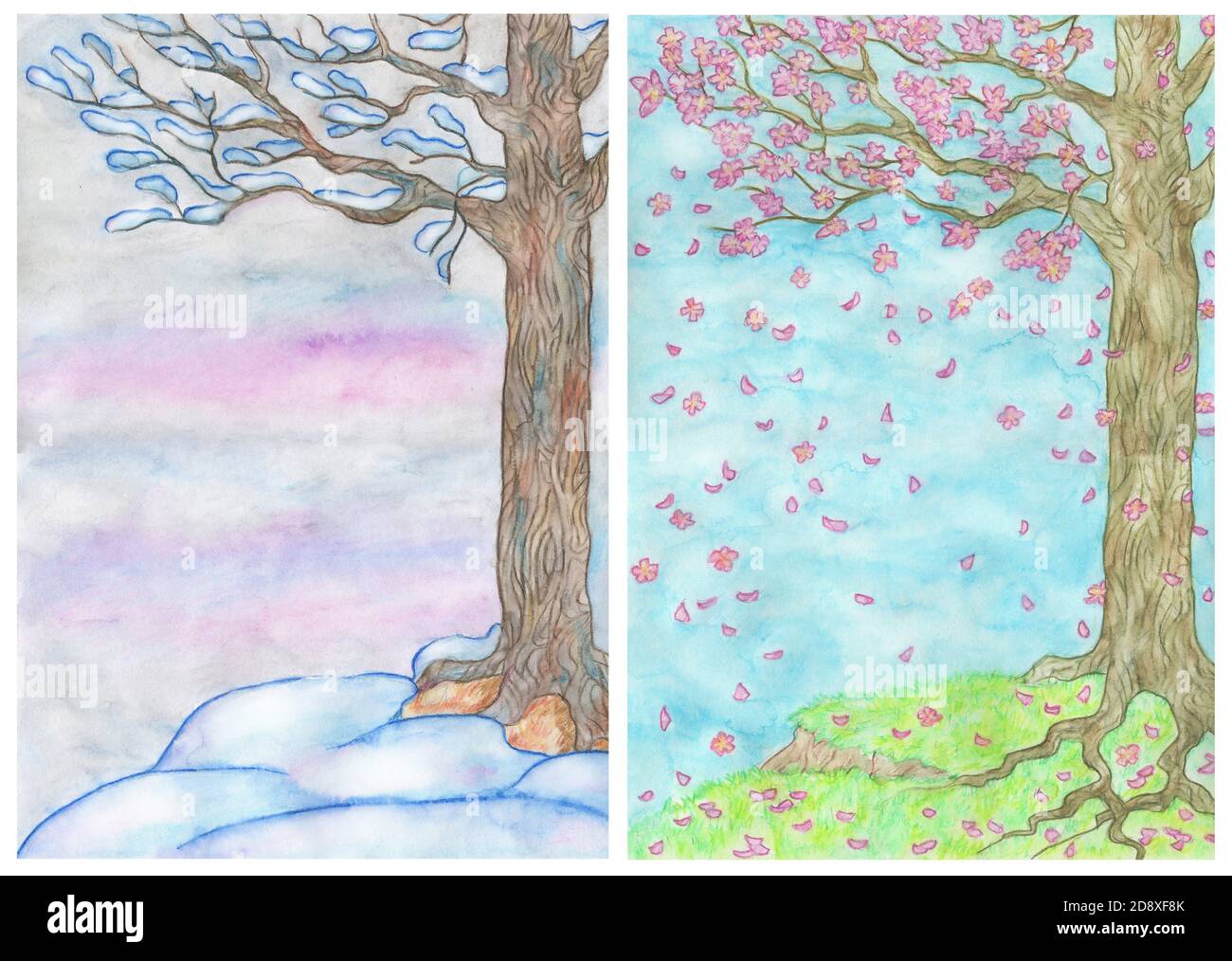 Nature vertical background with winter and spring concept, tree, snow ...