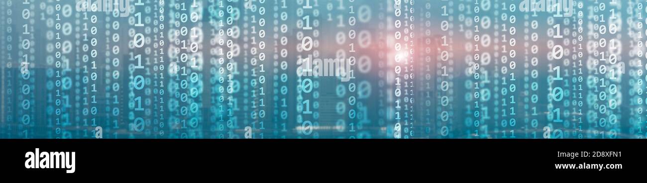 Binary computer code virtual city skyline. Matrix Mixed Media Background. Stock Photo