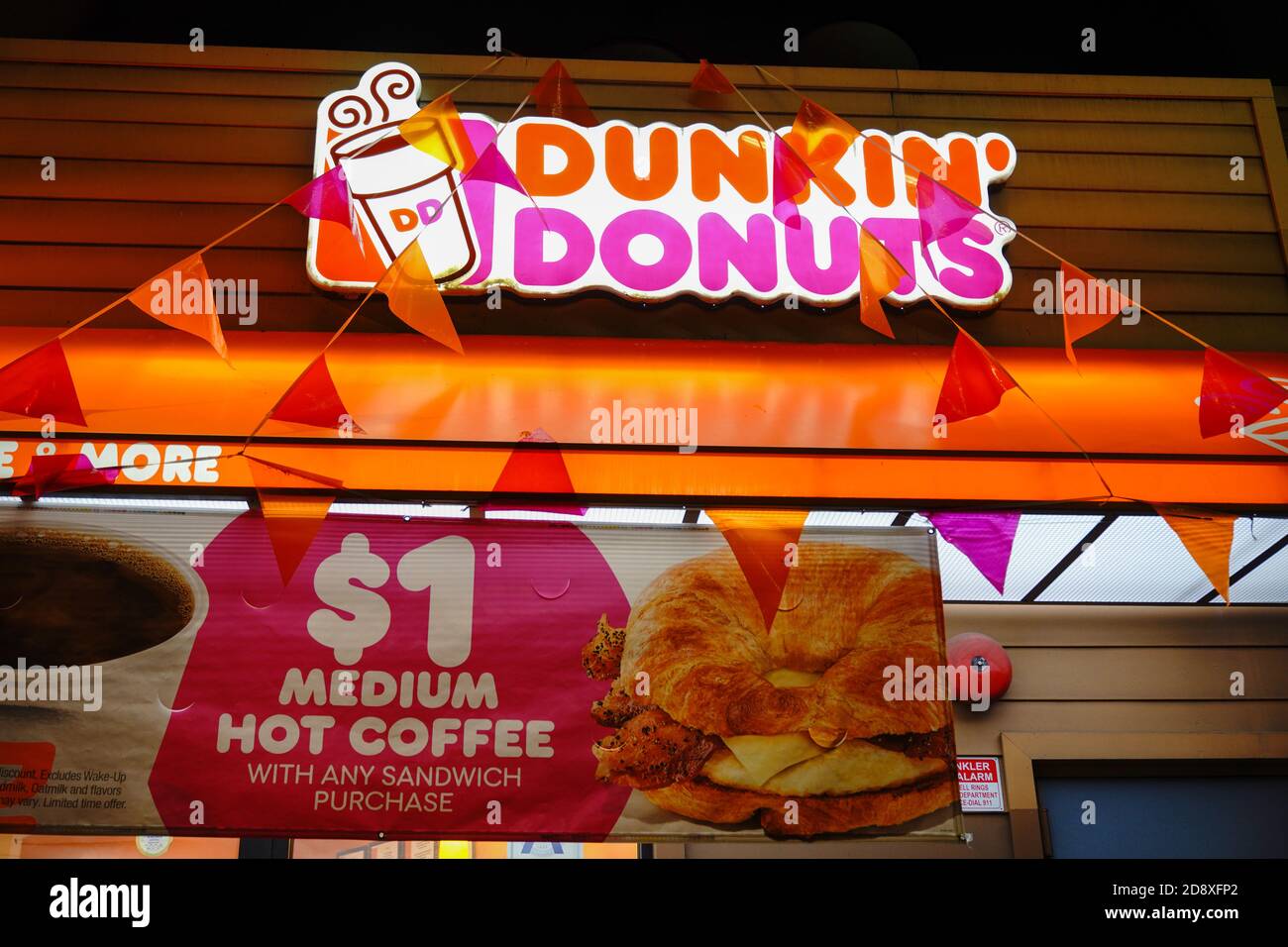 New York, USA. 31st Oct, 2020. Dunkin' Donuts logo seen at their